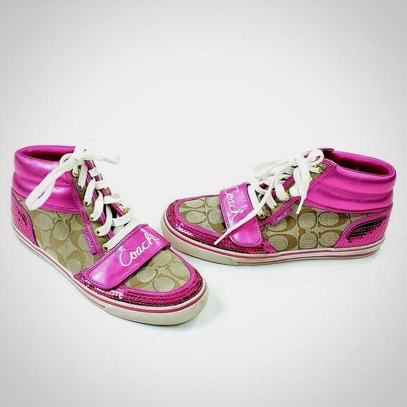 COACH Signature Fuchsia Sequined High-Top Sneakers - Picture 2 of 7